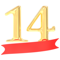 anniversaire 14 nombre or et rouge 3d le rendu png