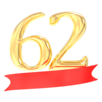 Anniversary 62 Number Gold And Red 3d Rendering png