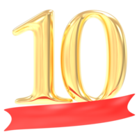anniversary 10 number gold And Red 3d rendering png