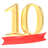 anniversario 10 numero oro e rosso 3d interpretazione png