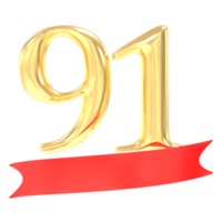 Anniversary 91 Number Gold And Red 3d Rendering png