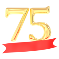 aniversário 75 número ouro e vermelho 3d Renderização png
