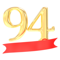 Anniversary 94 Number Gold And Red 3d Rendering png