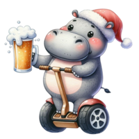 aigenerated hippo riding a scooter with a beer glass png