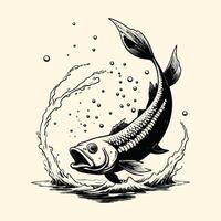 Fish Illustration Coming Out From Water Engraved Style vector