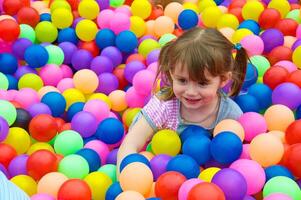 Girl playing on colourful balls photo