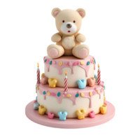 Birthday Cake with Teddy Bear on top AI-Generative png