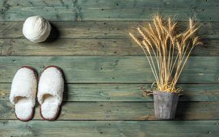 White slippers on the wooden background. Beauty and fashion. photo