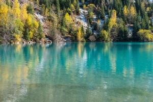 Autumn photo after snowfall, mountain lake Issyk in Almaty region, Kazakhstan. October.