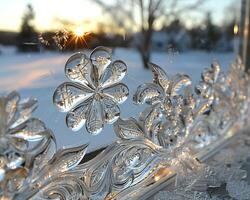 Close-up of intricate ice patterns on a window photo