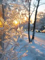 de cerca de intrincado hielo patrones en un ventana foto