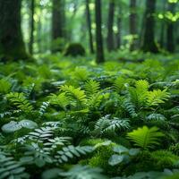 Close-up of moss and ferns in a dense forest photo