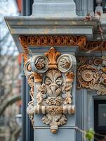 Close-up of intricate architectural details on a historic facade photo