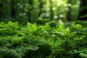 Close-up of moss and ferns in a dense forest photo