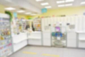 Pharmacy store drugs shelves interior blurred background photo