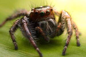 arañas saltando en hojas. capturado con un de cerca macro, el detalles de el pequeño araña son desplegado. foto