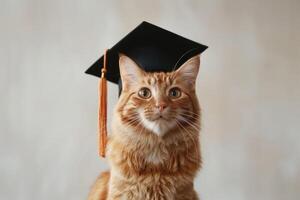 Fluffy orange cat wearing black graduation cap on beige wall background. Graduation ceremony, prom, university degree, back to school, education concept. photo
