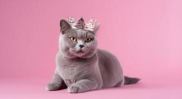 British blue cat wearing golden crown like a queen laying on pink solid background with copy space. Fashion beauty for pets. Royal pleasure. photo