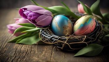 Greeting card for Easter holidays with colorful painted easter eggs in bird nest and violet tulips on wooden table. Spring season. photo