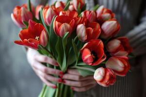 ramo de flores de rojo tulipanes en joven mujer manos con rojo uña polaco, irreconocible, No rostro. flores diseño, florista. entrega. regalo para 8 marzo, madres día, cumpleaños. foto
