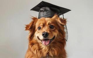 retrato de naranja roja mullido perro vistiendo negro graduación gorra en beige antecedentes con Copiar espacio. graduación ceremonia, colega, universidad, educación concepto. foto