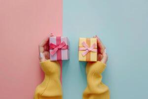 mujer en amarillo suéter sostener en cada mano dos pequeño vistoso regalo cajas - rosado y amarillo en rosado y azul antecedentes. de la madre día regalos desde niños. foto
