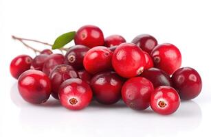 Small pile of red ripe fresh cranberries on isolated white background. Organic farm food, natural forest berries, fresh market, supermarket, healthy products photo