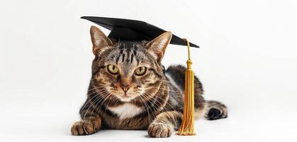 Tabby domestic cat wearing black graduation cap, laying in center of white isolated background. Graduation ceremony, prom, university degree, education concept. photo