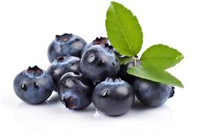 Some ripe fresh blueberries with blueberry leaves on isolated white background. Organic farm food, fresh market, supermarket, healthy products. photo