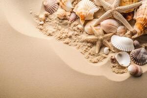 Greeting card from sea summer holidays, sand diagonal background with starfishes and seashells. Copy space for text at bottom left corner. Vacation memories. photo