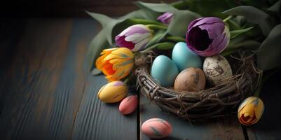 Banner with colorful easter eggs in bird nest and colorful tulips on wooden table, place for text on the left. Greeting card for Easter holidays. Spring time. photo