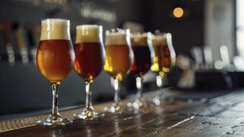 A row of glasses with different types and colors beer, sitting on the bar counter photo