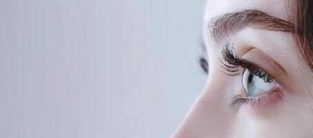 Close up of a beautiful womans eye with long eyelashes, white background. photo