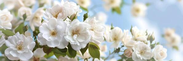 elegant white wild roses against a blue sky background photo