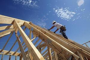 A construction worker is working on the roof of an under construction building on sunny day photo