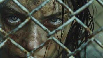 Closeup of a womans sweating face behind a chain link fence photo