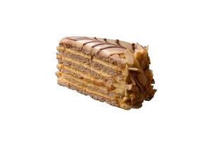 Piece of delicious sweet esterhazy cake with nuts and cream photo