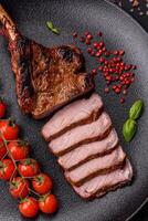 Delicious juicy beef steak on the bone, tomahawk with salt, spices and herbs photo