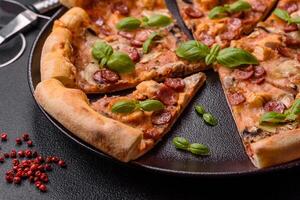 Delicious pizza with sausage, cheese, tomatoes, salt, spices and herbs photo