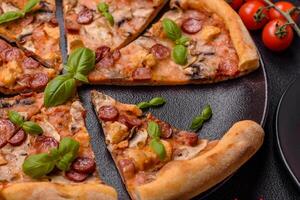 Delicious pizza with sausage, cheese, tomatoes, salt, spices and herbs photo