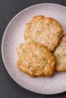 Delicious fried minced chicken cutlets with salt, spices and herbs photo