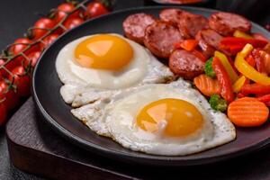 Delicious nutritious breakfast with fried eggs, sausage, steamed vegetables photo