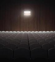 Empty old theater with rows of seats and projector light.3d rendering photo