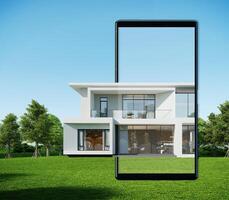 moderno casa en móvil teléfono display.concepto para real inmuebles casa propiedad anuncio.3d representación foto