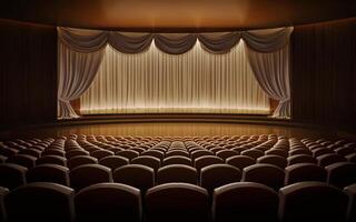 Empty theater with rows of seats in front of stage and curtains.3d rendering photo