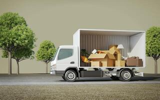 Buying house's furniture.Delivery truck with cardboard boxes and road.Transportation shipment.3d rendering photo