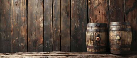 Dark brown background with two oak barrels on the right side photo