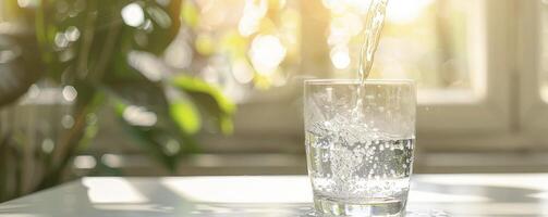 agua siendo vertido dentro un vaso en un blanco mesa en soleado día con borroso antecedentes foto