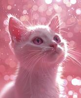 Closeup of a cute white cat with pink eyes against a pink background photo