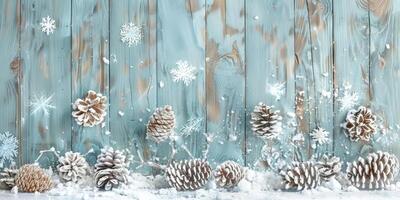 light blue wooden background with snow and pine cones, snowflakes, Christmas decorations photo